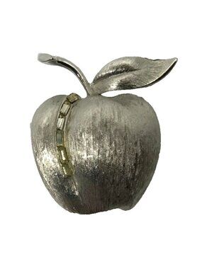 Judy Lee Signed Vintage Brushed Silver Tone Apple Baguette Rhinestone Brooch Pin